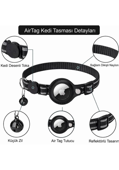 Yacel Ycl Airtag Uyumlu Tutucu Özellikli Kedi Tasması Reflektörlü Ve Zilli Siyah