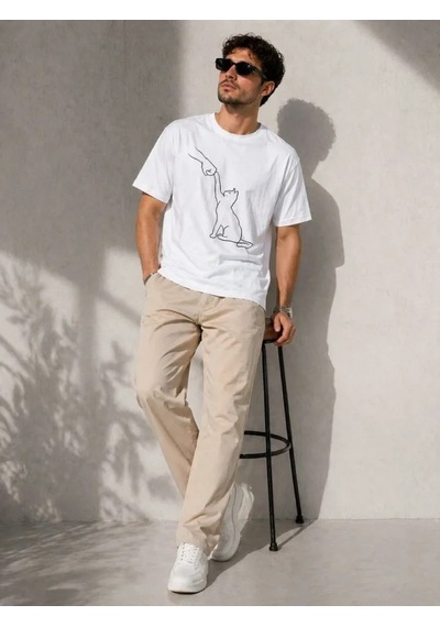 Efnaz Style Erkek Minimal Kedi Çizim Baskılı Tişört Kısa Kol Yazlık T-shirt - Beyaz