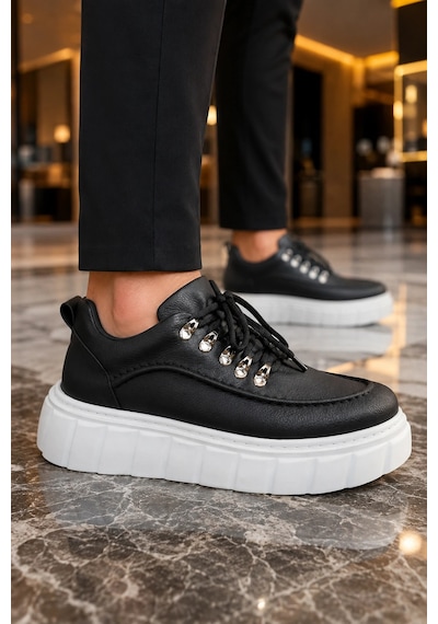 Mevese Duolc Bağcıklı Cilt Erkek Günlük Rahat Taban Sneaker Ayakkabı - Siyah Beyaz