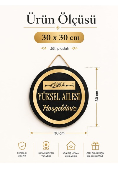 Besmele Tablo Kişiye Özel Gold Pleksi Ahşap Kapı Süsü Dış Kapı İsimliği Dekoratif Kapı Tabelası Siyah