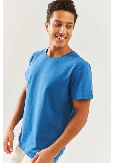 Erkek Oversize Rahat %100 Pamuklu Penye Bisiklet Yaka Kısa Kol Basic T-shirt Classic Collection Mavi
