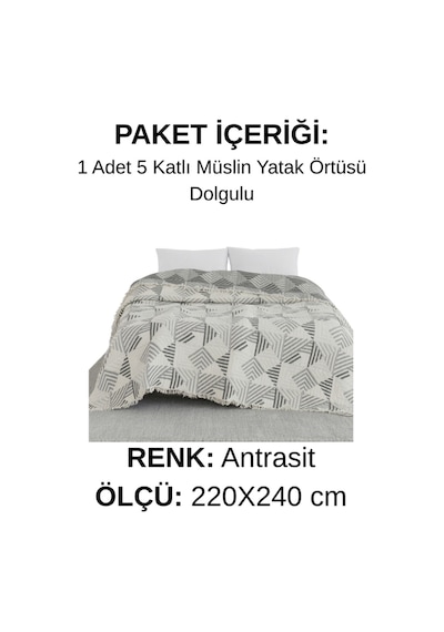 Terra Mosaic 5 Kat Dolgulu Müslin Çift Kişilik Yatak Örtüsü %100 Pamuk Çift Taraflı Jakar Geometrik Desen 220x240 Cm Antrasit