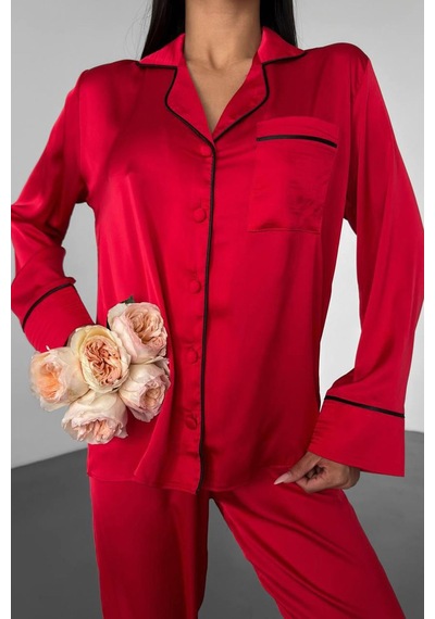 Gizotti Love Kırmızı Düz Uzun Saten Pijama Xl Kırmızı