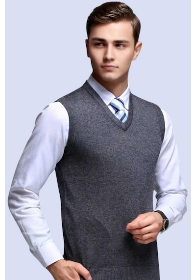 Tezzgelsin Erkek V Yaka Triko Tüylenmez Süveter Erkek Slim Fit Süveter Füme