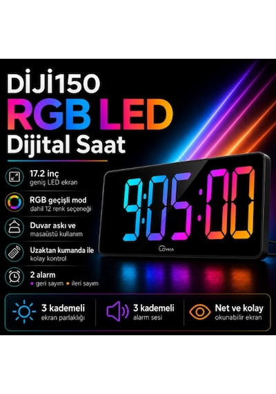 Diji150 Rgb Renkli Büyük Ekranlı Dijital Saat Uzaktan Kumandalı