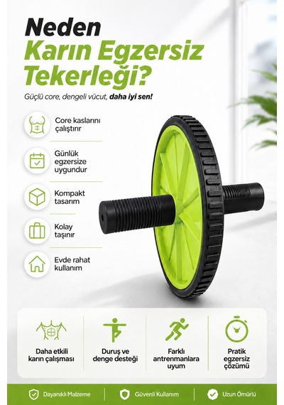 Karın Egzersiz Tekerleği Ab Wheel Karın & Core Kas Çalıştırıcı Pilates Fitness Aleti Yeşil