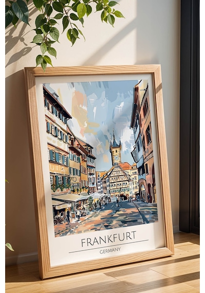 Almanya Frankfurt Temalı Çerçeveli Tablo Travel Serisi Modern İllüstrasyon Duvar Dekoru Kayın