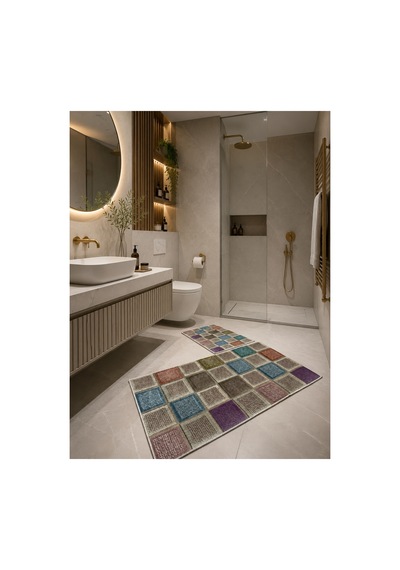 Buççin Online Mağaza Kaymaz Taban Dijital Baskı 60x100 2 Li Banyo Paspas Takımı Polyester İnce 6 Mm Altı Çok Renkli