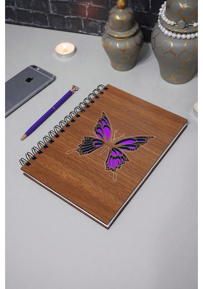 Kelebek Desenli Ahşap Defter - Ajanda - Günlük - Çizgisiz Defter Ahşap Rengi Ceviz Resim Defteri