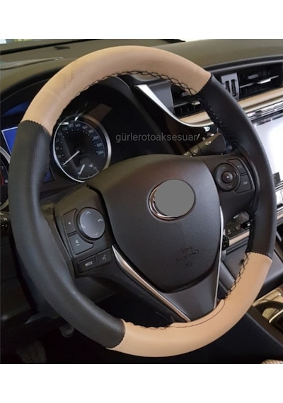 Toyota Corolla 2013 Uyumlu Dikmeli Direksiyon Kılıfı Iki Renkli Bej-siyah A Plus