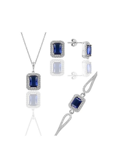 Gümüş Rodyumlu Safir Taşlı Baget Kesim Üçlü Set