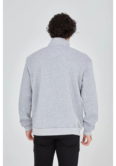 Erkek Yarım Fermuarlı Baskılı 3 İplik Pamuklu Sweatshirt - Gri