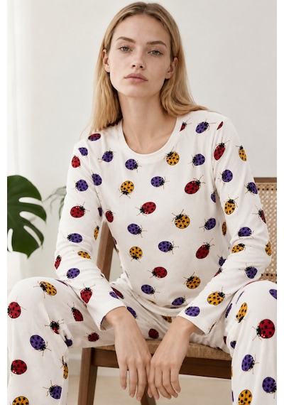 Kadın Desenli İkili Beyaz Rahat Pijama Takımı 4829