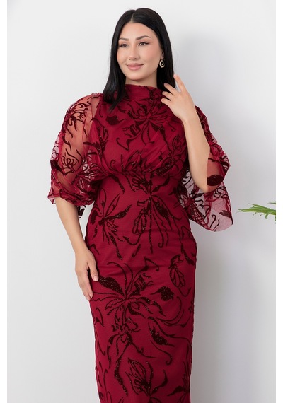 Kalopya Dik Yaka Kol Dökümlü Simli Elbise Grs4153 Bordo