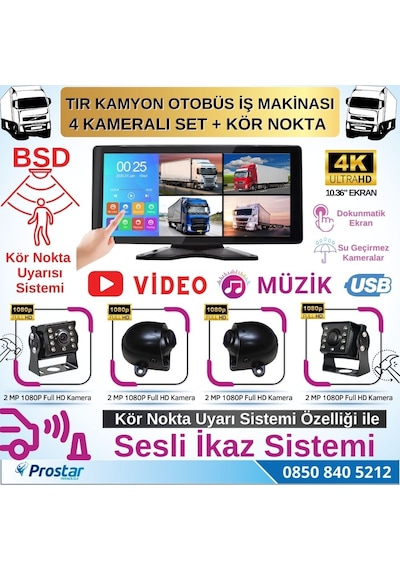 Tır Ve Kamyon 10.36&quot Dokunmatik 4 Kameralı 256 Gb Destekli Kör Nokta Uyarı Sistemli Kamera Seti