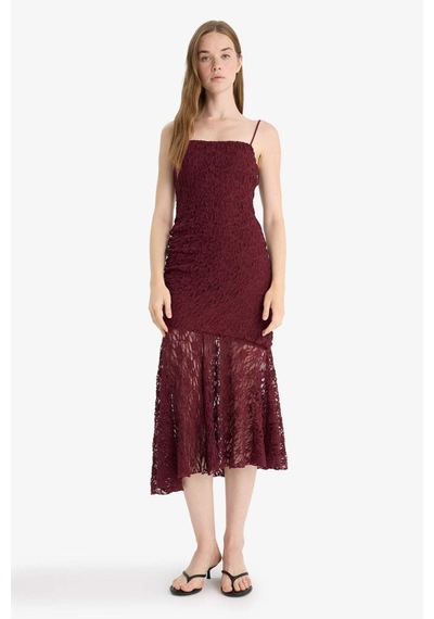 Defacto Bodycon Vücudu Saran Askılı Dantel Midi Elbise F7886ax25aubr204 Bordo