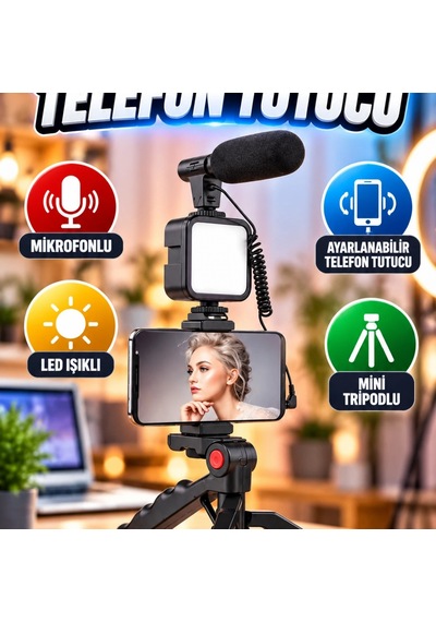 Telefon Tutucu Led Işıklı Mikrofonlu Youtuber Video Kayıt Kiti Mini Tripodlu Set