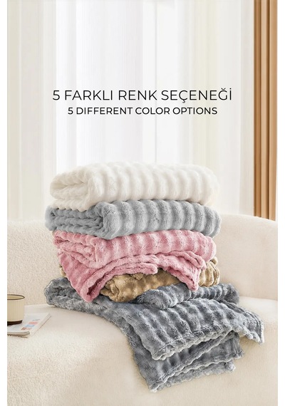 Kürk Bubble Battaniye Seti Çift Kişilik Peluş Tavşan Tüyü 3 Parça Yumuşak 220x240 Cm Pudra