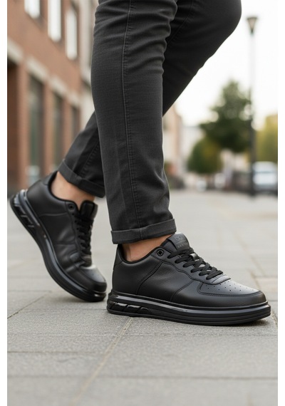 Siyah Bağcıklı Cilt Hafif Esnek Erkek Sneaker 2043 M Siyah-siyah