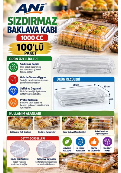 Anı Sızdırmaz Baklava Kabı 1000 Cc 100'lü 30 X 22 X 5 Cm