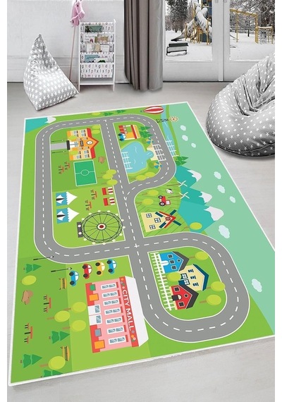 Pelangi Yeşil Araba Yollu Yıkanabilir Kaymaz Taban Leke Tutmazbebek Ve Çocuk Odası Halısı, Yeşil 120 X 160, 90135 Çok Renkli