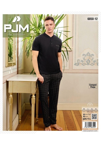 Pijamoni Erkek Düğme Yaka Kısa Kol Pijama Takımı 6850/12 - 1 Adet Siyah