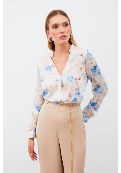 Sateen Desenli Kruvaze Bluz - Mavi-135215 Mavi