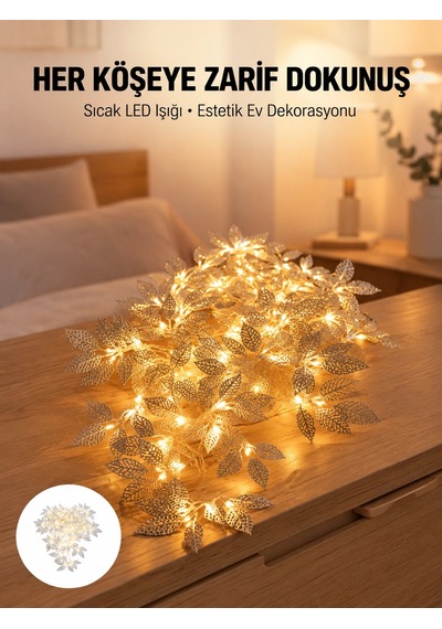 Yaprak Şekilli Gümüş Led Işık Pilli Dekoratif Aydınlatma Açık Mavi