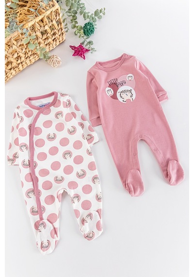 Baby Leopar Figürlü Puantiyeli Uzun Kollu 2'Li Kız Bebek Tulum Takım 001