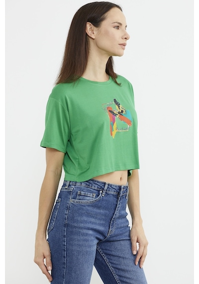 Oversize Baskılı Crop Tişört - Yeşil Çok Renkli