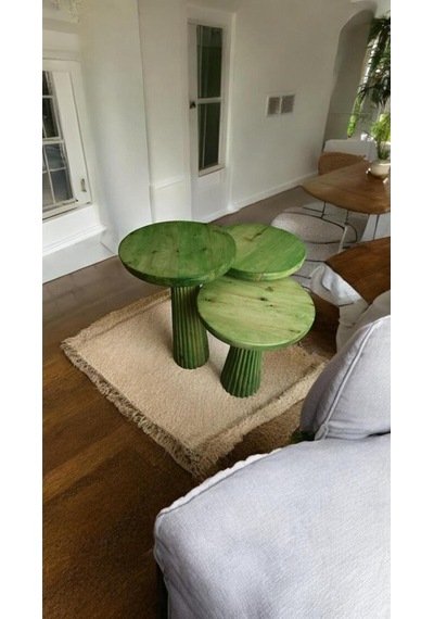 Wood Wooden Ahşap 3 Lü Set Fitilli Mantar Yan Sehpa Modern Çimen Yeşili Renk Fiskos Çimen Yeşili