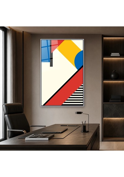 Kırmızı Mavi Sarı Bauhaus Blokları Gümüş Çerçeveli Cam Tablo