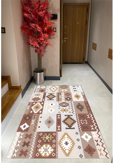 STY Home Krem Kahverengi Dijital Baskı Salon Halısı Kaymaz Tabanlı Yıkanabilir Halı Yolluk5 Kahverengi
