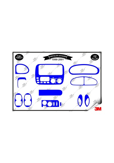 Chrysler Voyager 1996-2001 Torpido Konsol Trim Göğüs Maun Kaplama Set 12 Parça Mavi