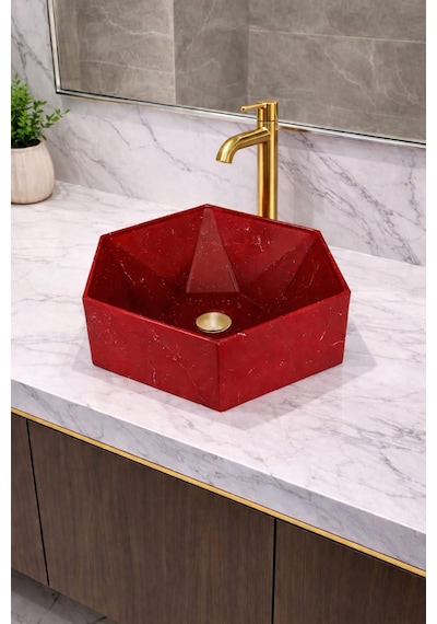Mermer Desenli Tezgah Üstü Altıgen Taş Lavabo 45 X 16 Cm Bordo