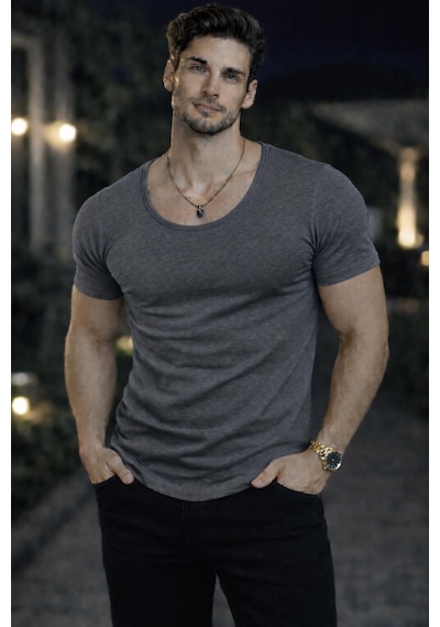 Bybülent Erkek Oval Yaka Tişört Açık Yaka Likralı Slim Fit T-shirt Gri Füme
