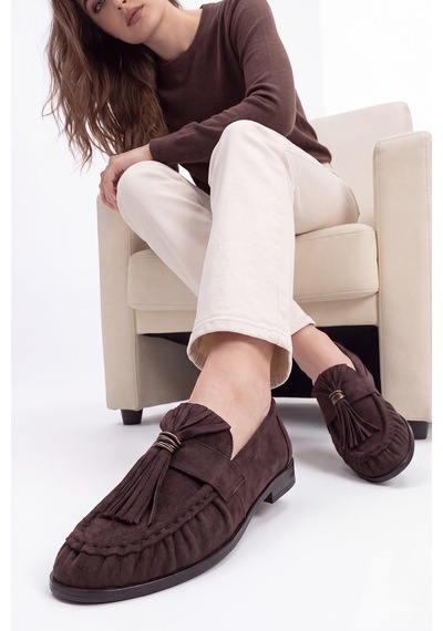 Luvi Shoes Marston Kahverengi Süet Püsküllü Kadın Loafer Ayakkabı