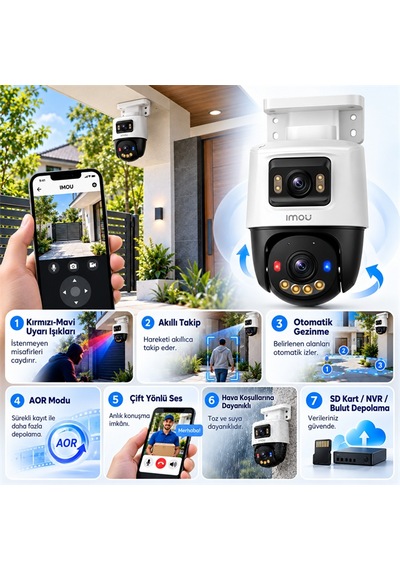 Imou Ipc-ps70fp-10m0 Cruiser Dual Ps70f Çift Lens Sabit + Pt Poe İki Yönlü Ses Renkli Gece Görüş 10mp Dome Kamera