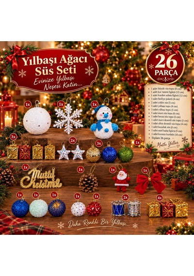 Yeni Yıla Özel 26 Parça Yılbaşı Ağacı Süs Seti Noel Dekoru Karışık Yılbaşı Aksesuarları Süsleme Seti Diğer