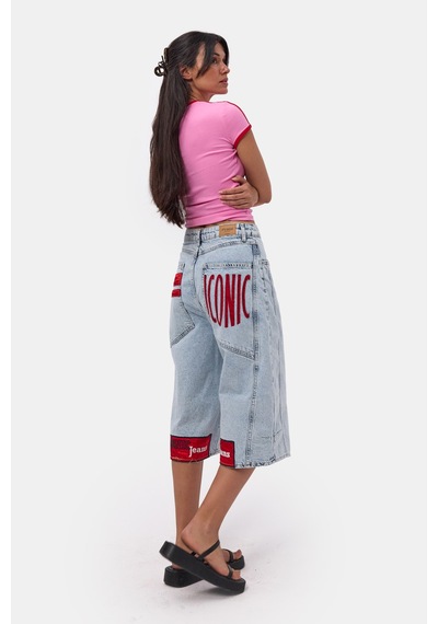 it's basic Kadın Ice 3s6-3 Mega Baggy Fit Paça Ve Cep Detaylı Özel Tasarım Denim Şort Ice Rengi