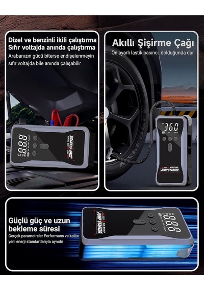 Dev Kapasite 60.000 Mah 4'ü 1 Arada Jump Starter Ve Hava Kompresörü