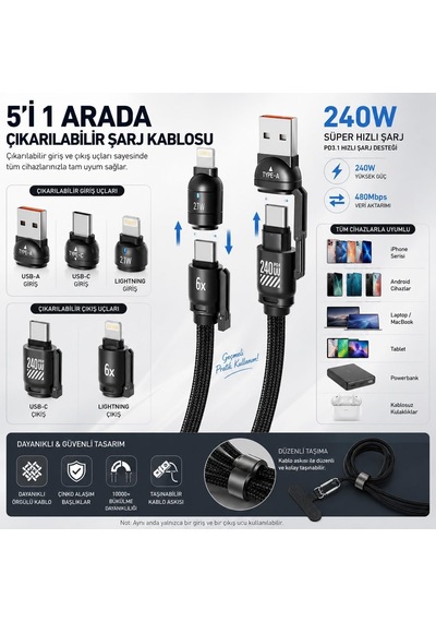 Bix 5ın1c-bk 1.5 Metre Siyah 240w Usb-a Ve Type C Ve Lightning Çok Fonksiyonlu Yüksek Hızlı Şarj Ve Data Kablosu, Çok Uçlu Şarj Kablosu Tüm Type C/lightning Telefon Ve Tabletlerle Uyumludur