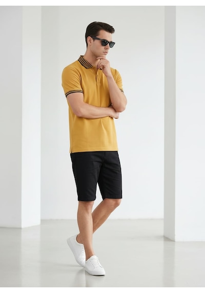 Giyim Dünyası Erkek Yaka Çizgili Polo Yaka Kısa Kol Tshirt Hardal