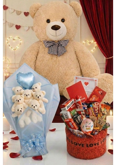 3 Lü Kadınlar Günü Hediye Seti 90 Cm Peluş Ayı, Love Çikolata Sepeti & Mavi Peluş Ayıcık Buketi 58331706