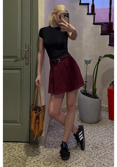 Madmext Bordo Pileli Kadın Mini Şort Etek Mg2402 Bordo