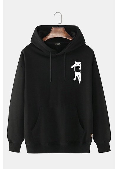 Unisex Siyah Kapüşonlu Kedi Baskılı Slim Fit Kanguru Cepli Sweatshirt Siyah