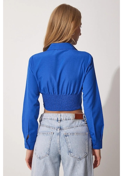 Trend Alisse Kadın Saks Mavi Vucuda Oturan Beli Lastikli Korse Crop Gömlek