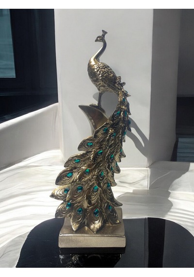 Yeşil Dikey Taşlı Tavuskuşu Dekoratif Obje - Gold