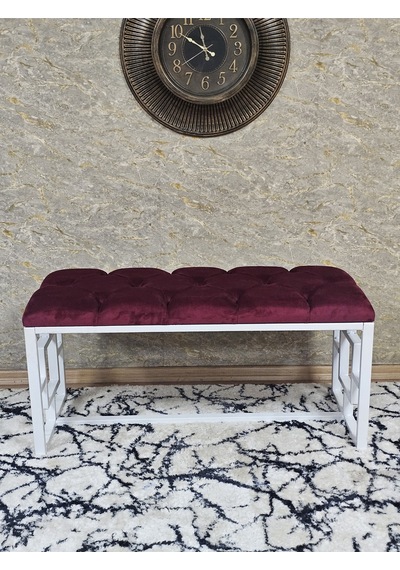 Zafir Beyaz Boyalı İçi Kareli Diktörtgen 100 Cm X 40 Cm Oturak Puf - Bench - Makyaj Oturağı - Oturak Bordo