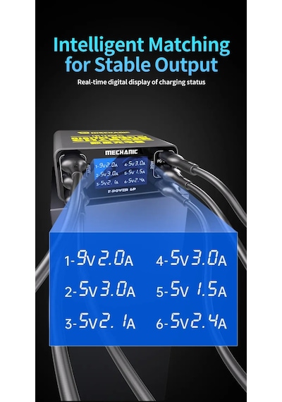 Mechanic F-power 6p 87w 6 Port Pd45w Qc3.0 Usb Hızlı Şarj İstasyonu Lcd Göstergeli